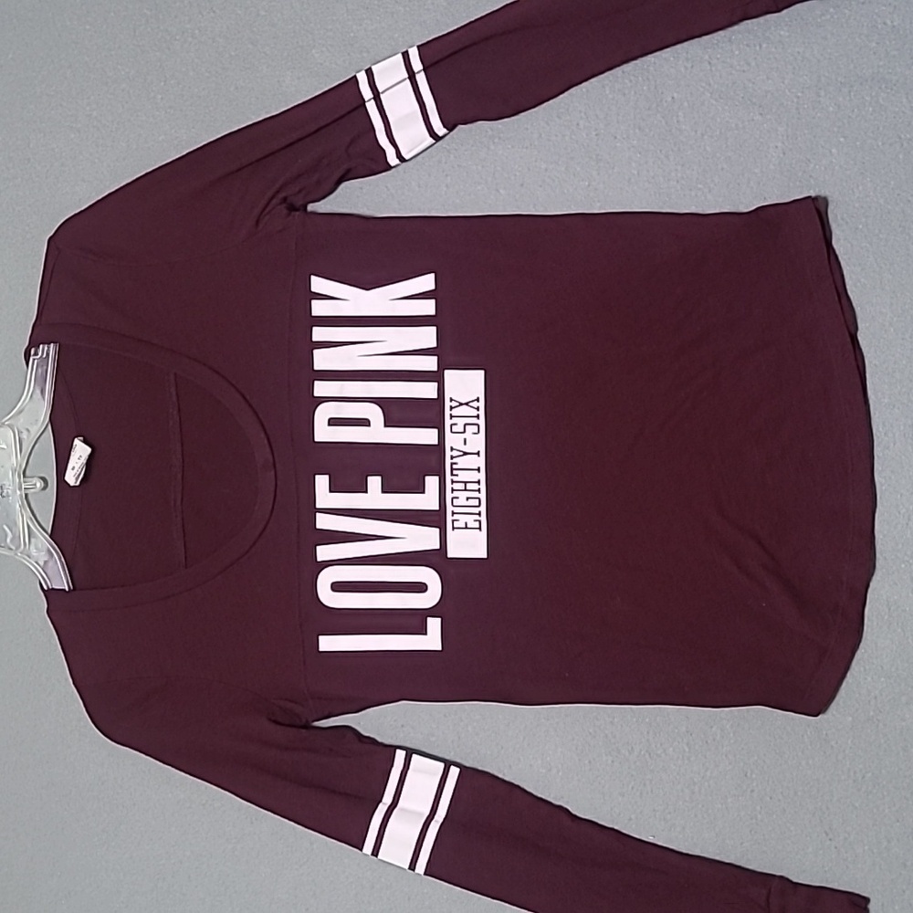 PINK VICTORIA'S SECRET Women's Burgundy Long Sleeve‎ Low Cut Tee Shirt - Size XS